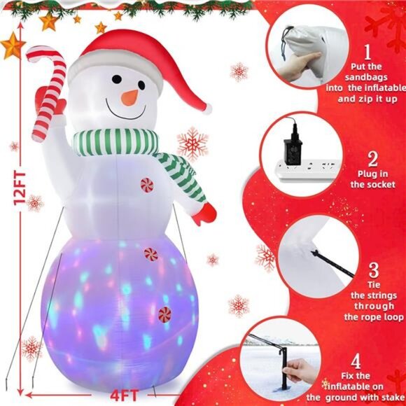 B&D 12FT Giant Christmas Inflatables Snowman Outdoor Decor, Christmas Blow Up